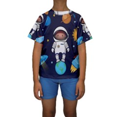 Boy Spaceman Space Rocket Ufo Planets Stars Kids  Short Sleeve Swimwear by Ndabl3x