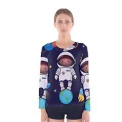 Boy Spaceman Space Rocket Ufo Planets Stars Women s Long Sleeve T-shirt