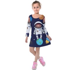 Boy Spaceman Space Rocket Ufo Planets Stars Kids  Long Sleeve Velvet Dress by Ndabl3x