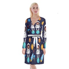 Boy Spaceman Space Rocket Ufo Planets Stars Long Sleeve Velvet Front Wrap Dress by Ndabl3x