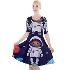 Boy Spaceman Space Rocket Ufo Planets Stars Quarter Sleeve A-line Dress by Ndabl3x