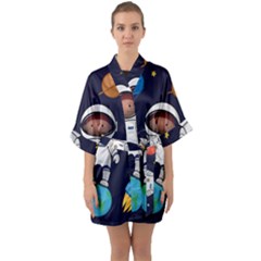 Boy Spaceman Space Rocket Ufo Planets Stars Half Sleeve Satin Kimono  by Ndabl3x