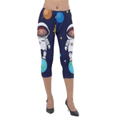 Boy Spaceman Space Rocket Ufo Planets Stars Lightweight Velour Capri Leggings  by Ndabl3x