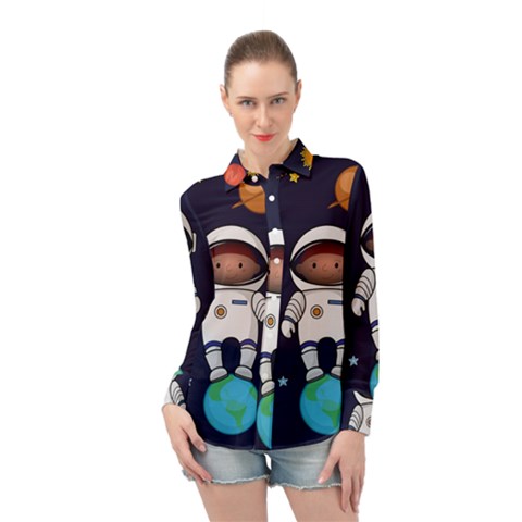 Boy Spaceman Space Rocket Ufo Planets Stars Long Sleeve Chiffon Shirt by Ndabl3x