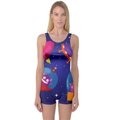 Cartoon Funny Aliens With Ufo Duck Starry Sky Set One Piece Boyleg Swimsuit by Ndabl3x