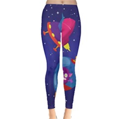 Cartoon Funny Aliens With Ufo Duck Starry Sky Set Everyday Leggings  by Ndabl3x