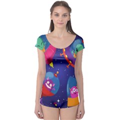 Cartoon Funny Aliens With Ufo Duck Starry Sky Set Boyleg Leotard  by Ndabl3x