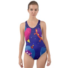 Cartoon Funny Aliens With Ufo Duck Starry Sky Set Cut-out Back One Piece Swimsuit by Ndabl3x