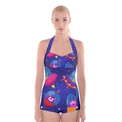 Cartoon Funny Aliens With Ufo Duck Starry Sky Set Boyleg Halter Swimsuit  by Ndabl3x