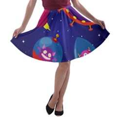 Cartoon Funny Aliens With Ufo Duck Starry Sky Set A-line Skater Skirt by Ndabl3x