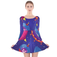 Cartoon Funny Aliens With Ufo Duck Starry Sky Set Long Sleeve Velvet Skater Dress by Ndabl3x