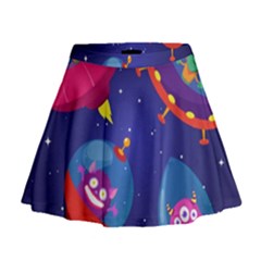 Cartoon Funny Aliens With Ufo Duck Starry Sky Set Mini Flare Skirt by Ndabl3x