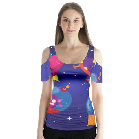 Cartoon Funny Aliens With Ufo Duck Starry Sky Set Butterfly Sleeve Cutout T-shirt  by Ndabl3x