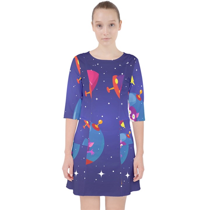 Cartoon Funny Aliens With Ufo Duck Starry Sky Set Quarter Sleeve Pocket Dress