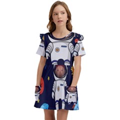 Boy Spaceman Space Rocket Ufo Planets Stars Kids  Frilly Sleeves Pocket Dress by Ndabl3x