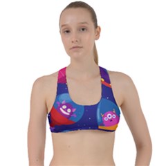 Cartoon Funny Aliens With Ufo Duck Starry Sky Set Criss Cross Racerback Sports Bra