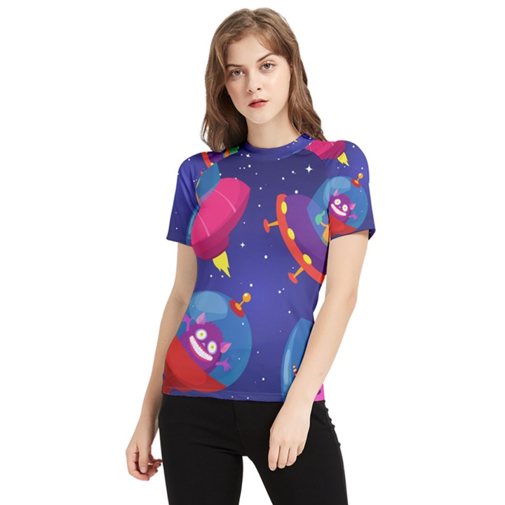 Cartoon Funny Aliens With Ufo Duck Starry Sky Set Women s Short Sleeve Rash Guard