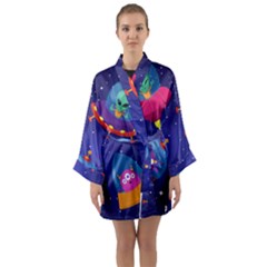 Cartoon Funny Aliens With Ufo Duck Starry Sky Set Long Sleeve Satin Kimono by Ndabl3x