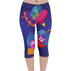 Cartoon Funny Aliens With Ufo Duck Starry Sky Set Velvet Capri Leggings  by Ndabl3x