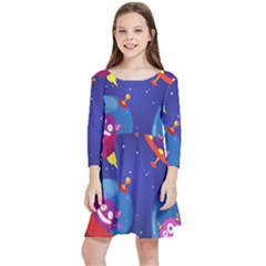 Cartoon Funny Aliens With Ufo Duck Starry Sky Set Kids  Quarter Sleeve Skater Dress by Ndabl3x