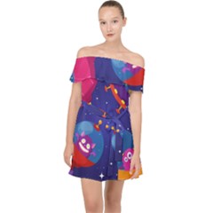 Cartoon Funny Aliens With Ufo Duck Starry Sky Set Off Shoulder Chiffon Dress