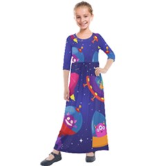 Cartoon Funny Aliens With Ufo Duck Starry Sky Set Kids  Quarter Sleeve Maxi Dress by Ndabl3x