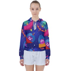 Cartoon Funny Aliens With Ufo Duck Starry Sky Set Women s Tie Up Sweat by Ndabl3x