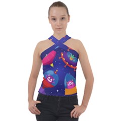 Cartoon Funny Aliens With Ufo Duck Starry Sky Set Cross Neck Velour Top