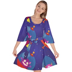 Cartoon Funny Aliens With Ufo Duck Starry Sky Set Velour Kimono Dress by Ndabl3x