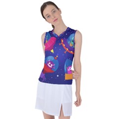 Cartoon Funny Aliens With Ufo Duck Starry Sky Set Women s Sleeveless Sports Top by Ndabl3x