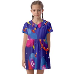 Cartoon Funny Aliens With Ufo Duck Starry Sky Set Kids  Asymmetric Collar Dress