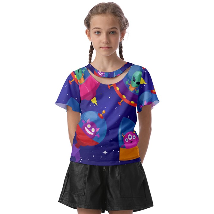 Cartoon Funny Aliens With Ufo Duck Starry Sky Set Kids  Front Cut T-Shirt