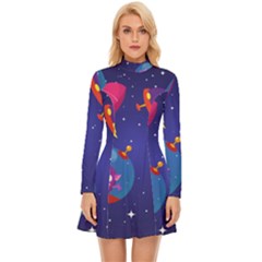 Cartoon Funny Aliens With Ufo Duck Starry Sky Set Long Sleeve Velour Longline Dress by Ndabl3x