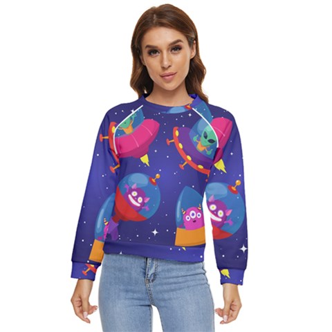 Cartoon Funny Aliens With Ufo Duck Starry Sky Set Women s Long Sleeve Raglan T-shirt by Ndabl3x