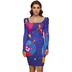 Cartoon Funny Aliens With Ufo Duck Starry Sky Set Women Long Sleeve Ruched Stretch Jersey Dress by Ndabl3x