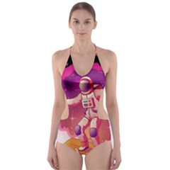 Astronaut Spacesuit Standing Surfboard Surfing Milky Way Stars Cut-out One Piece Swimsuit by Ndabl3x