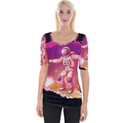 Astronaut Spacesuit Standing Surfboard Surfing Milky Way Stars Wide Neckline T-shirt