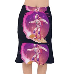 Astronaut Spacesuit Standing Surfboard Surfing Milky Way Stars Short Mermaid Skirt by Ndabl3x