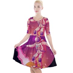 Astronaut Spacesuit Standing Surfboard Surfing Milky Way Stars Quarter Sleeve A-line Dress by Ndabl3x