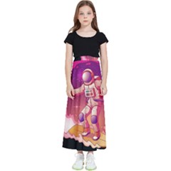 Astronaut Spacesuit Standing Surfboard Surfing Milky Way Stars Kids  Flared Maxi Skirt by Ndabl3x