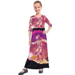 Astronaut Spacesuit Standing Surfboard Surfing Milky Way Stars Kids  Quarter Sleeve Maxi Dress by Ndabl3x