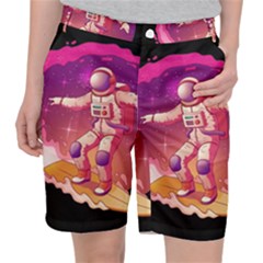 Astronaut Spacesuit Standing Surfboard Surfing Milky Way Stars Women s Pocket Shorts by Ndabl3x