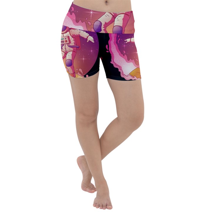 Astronaut Spacesuit Standing Surfboard Surfing Milky Way Stars Lightweight Velour Yoga Shorts