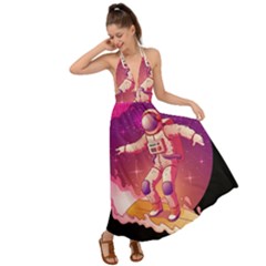 Astronaut Spacesuit Standing Surfboard Surfing Milky Way Stars Backless Maxi Beach Dress by Ndabl3x