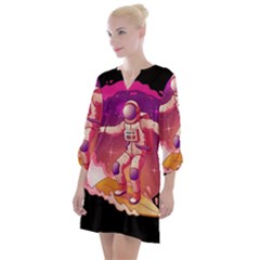 Astronaut Spacesuit Standing Surfboard Surfing Milky Way Stars Open Neck Shift Dress by Ndabl3x