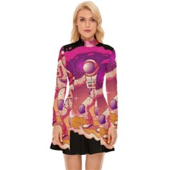 Astronaut Spacesuit Standing Surfboard Surfing Milky Way Stars Long Sleeve Velour Longline Dress by Ndabl3x