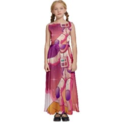 Astronaut Spacesuit Standing Surfboard Surfing Milky Way Stars Kids  Satin Sleeveless Maxi Dress by Ndabl3x