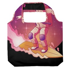 Astronaut Spacesuit Standing Surfboard Surfing Milky Way Stars Premium Foldable Grocery Recycle Bag by Ndabl3x