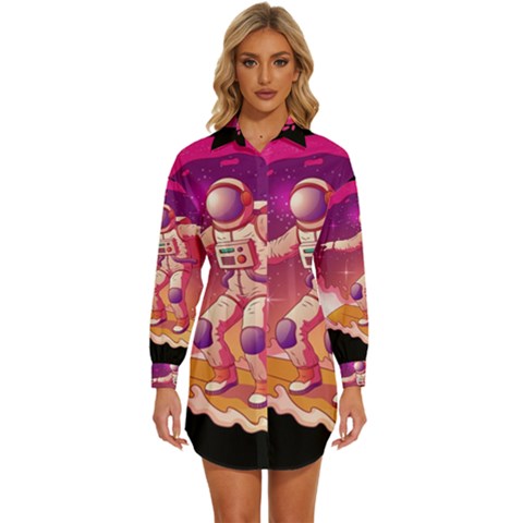 Astronaut Spacesuit Standing Surfboard Surfing Milky Way Stars Womens Long Sleeve Shirt Dress by Ndabl3x