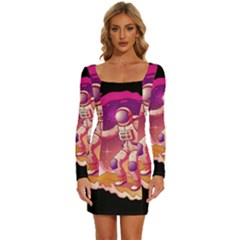 Astronaut Spacesuit Standing Surfboard Surfing Milky Way Stars Long Sleeve Square Neck Bodycon Velvet Dress by Ndabl3x